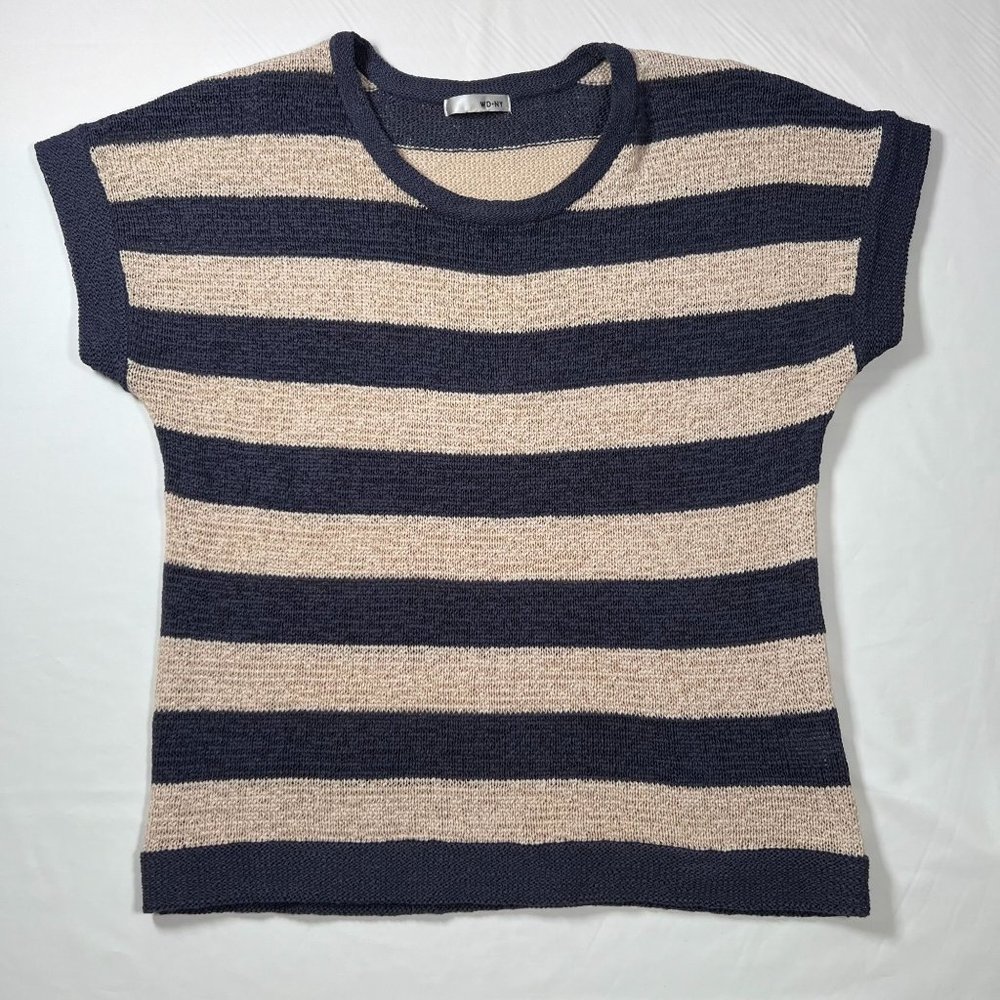 WDNY Lightweight Sweater Womens 1X Knit Blouse‎ Navy Cream Striped Beachwear